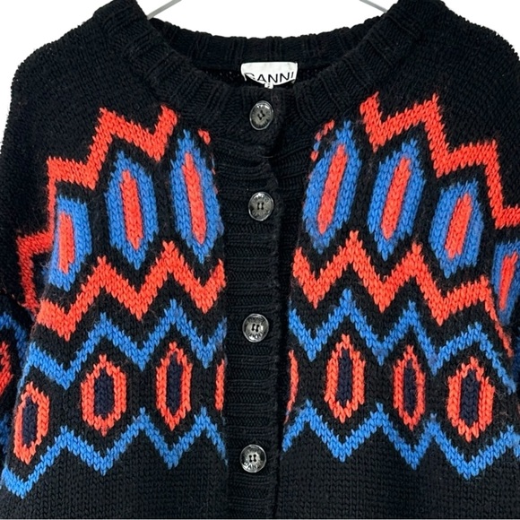 GANNI Black Red Blue Intarsia Organic Wool Chunky Knit Oversize Cardigan Sweater - Picture 4 of 11